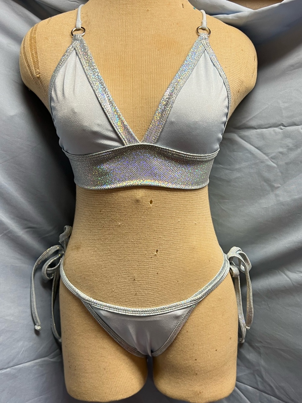 3PC Light Blue & Silver Holographic Triangle Bikini Top & Two Bottoms